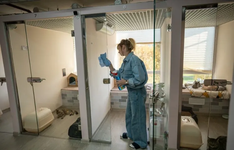  Downloaded Female worker diligently cleans glass doors in cat rooms with sprayer, ensuring dust free, pleasant setting for animals in hotel. 